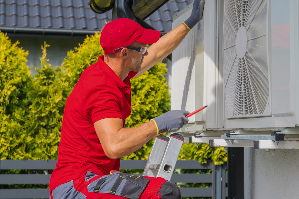 Monteur in roter Arbeitskleidung installiert ein Außengerät einer Klimaanlage auf einer Wandhalterung.